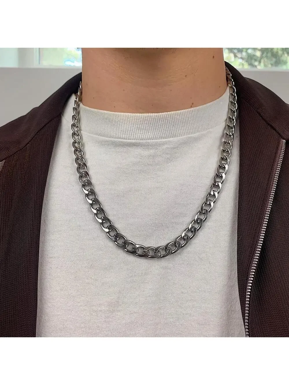 High quality Y2k style Silver stainless steel 23.5 inch Cuban chain necklace